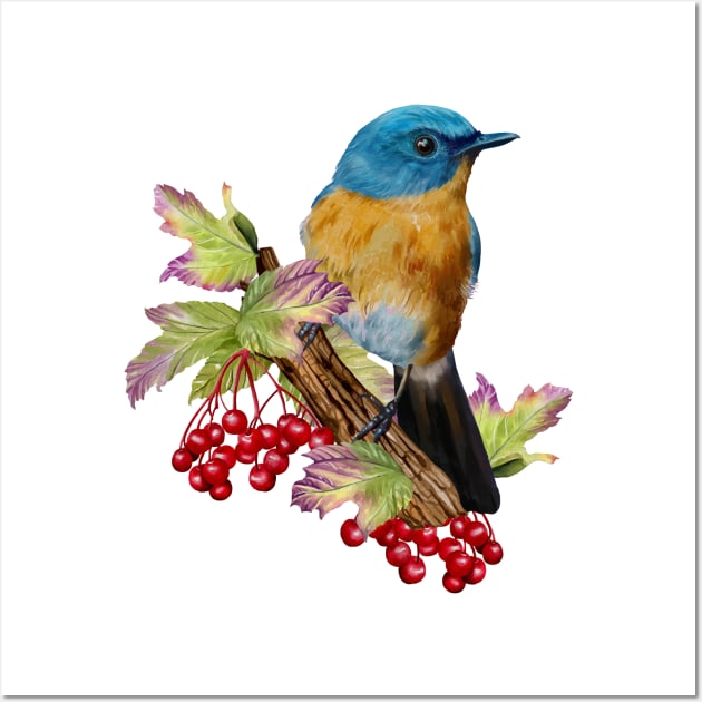 Little Blue bird and red fruits Wall Art by Lewzy Design